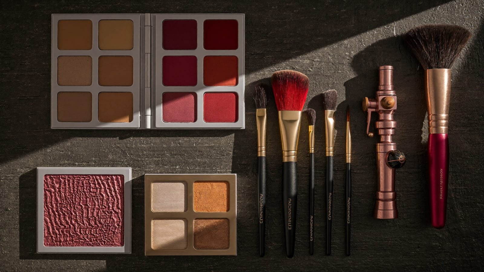 Professional makeup brushes, foundations and palettes arranged in an artist's working kit