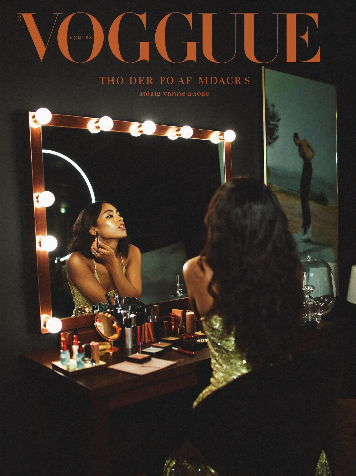 Woman applying luminous makeup at a warm-lit vanity mirror
